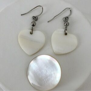 Vintage Mother of Pearl Heart Earrings and Circle Brooch Old Estate Jewelry Lot